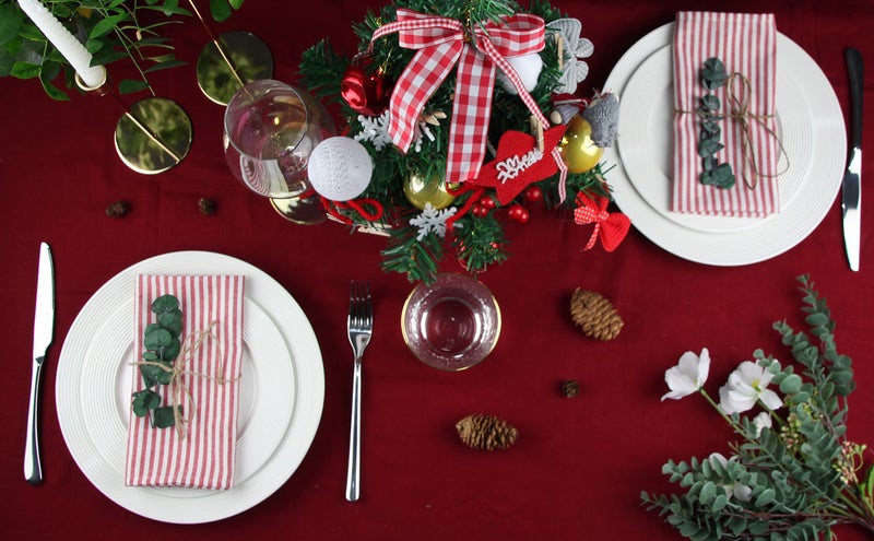 INFEI Plain Striped Cotton Linen Blended Dinner Cloth Napkins - Set of 12 (40 x 30 cm) - for Events & Home Use (Red) - Image 5